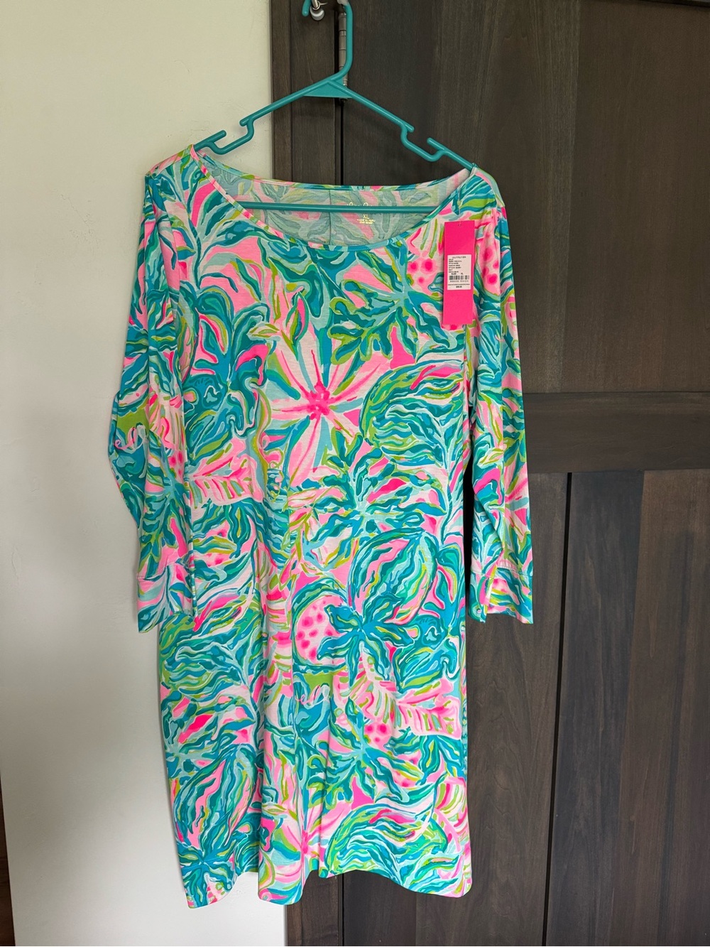 Lilly Pulitzer Pink & Aqua Tropical-Print Marlowe Long Sleeve Shift Dress